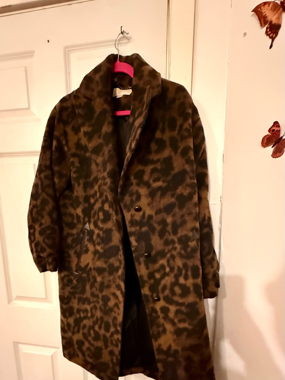 Michael Kors Leopard Print Western Trim Peacoat in Brown and Black